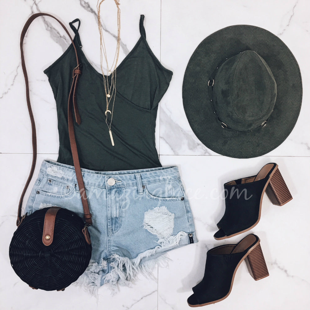 OLIVE BODYSUIT AND DENIM SHORTS OUTFIT