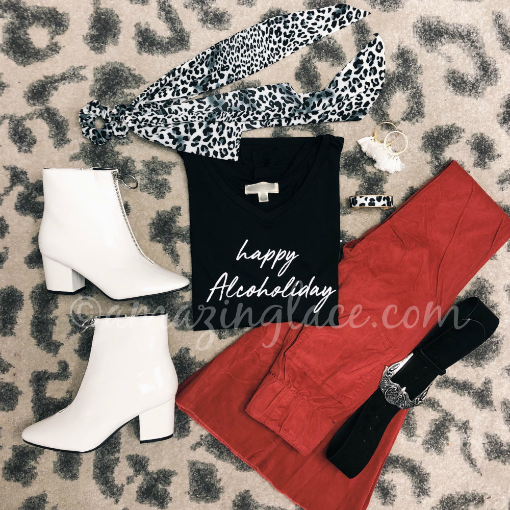 HAPPY ALCOHOLIDAY TEE AND RUST FLARES OUTFIT