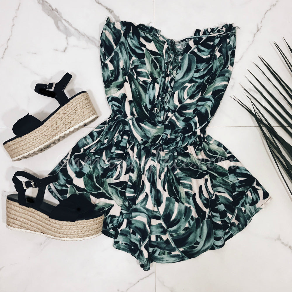 PALM ROMPER AND BLACK ESPADRILLES OUTFIT