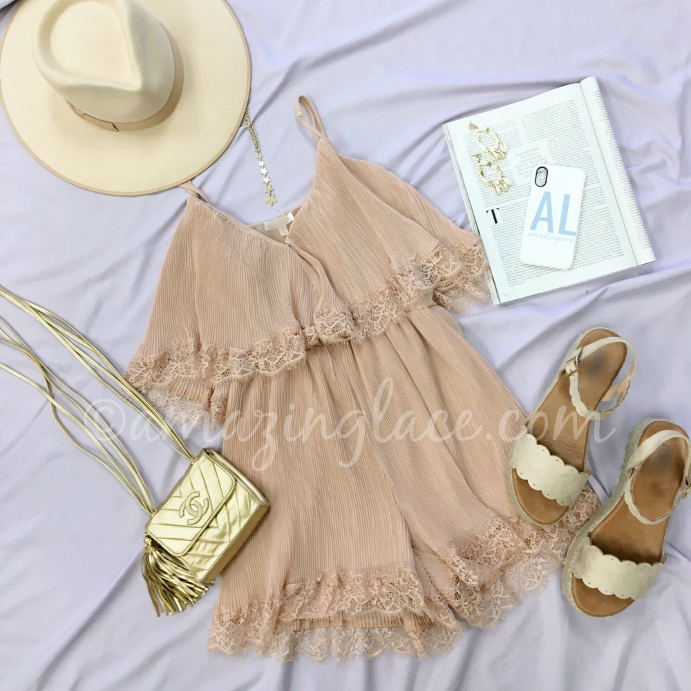 PEACH RUFFLE ROMPER AND GOLD ESPADRILLES OUTFIT