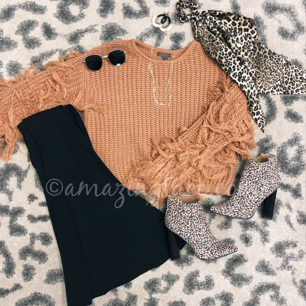 FRINGE SWEATER AND LEOPARD BOOTIES OUTFIT