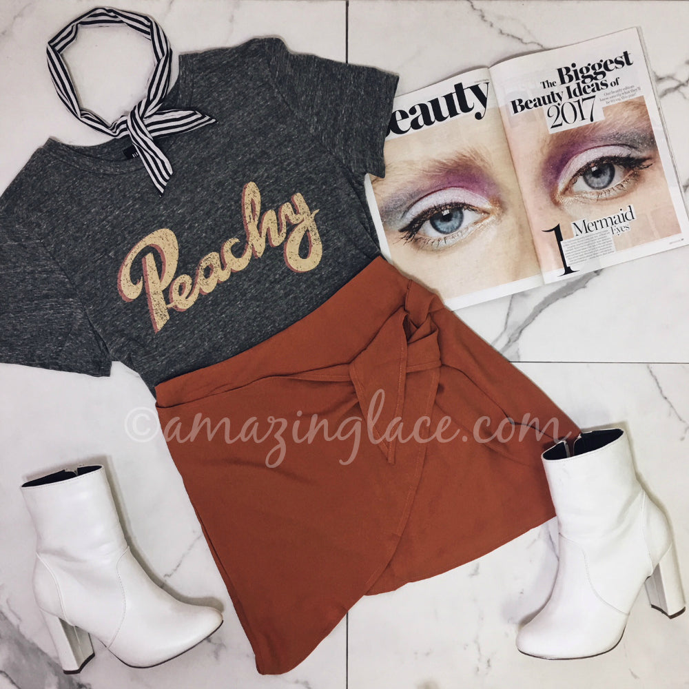 PEACHY TOP AND RUST SKIRT OUTFIT