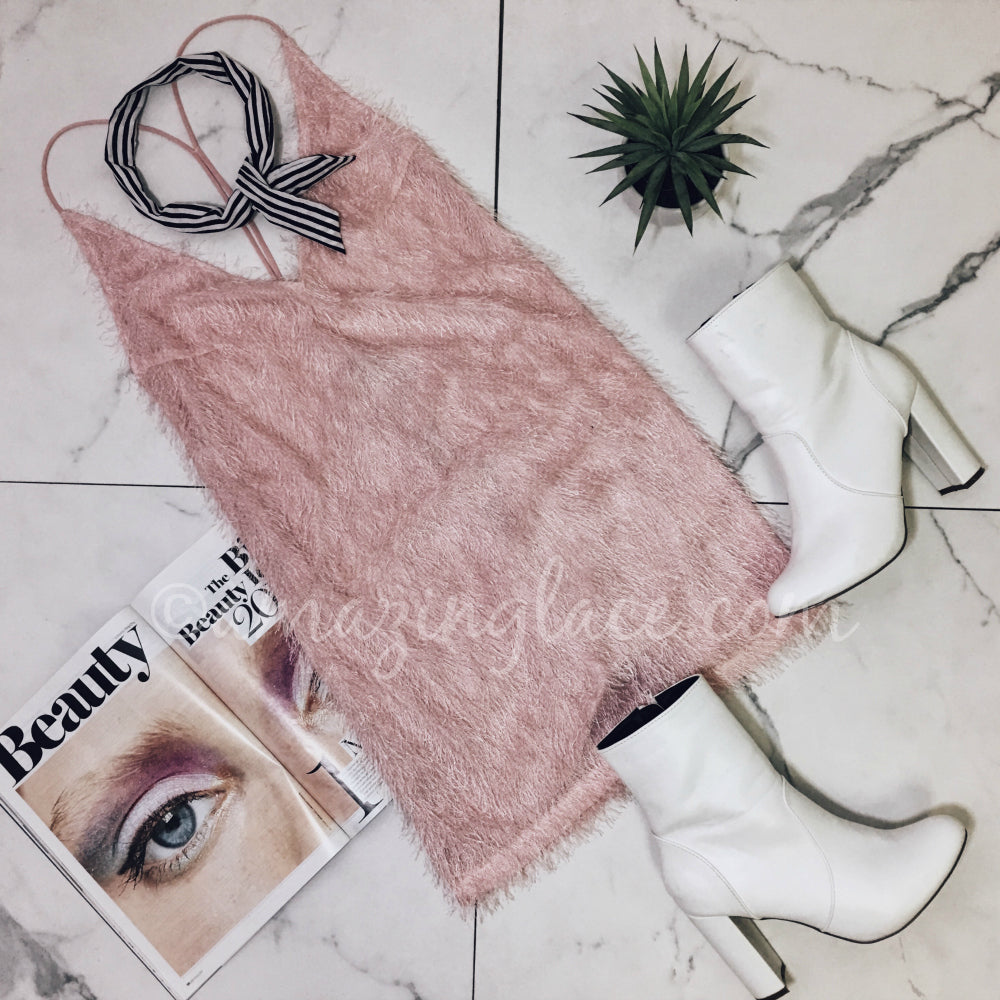 PINK PARTY DRESS AND WHITE BOOTIES OUTFIT