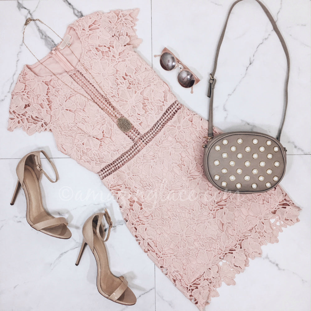 PINK LACE DRESS AND NUDE HEELS OUTFIT