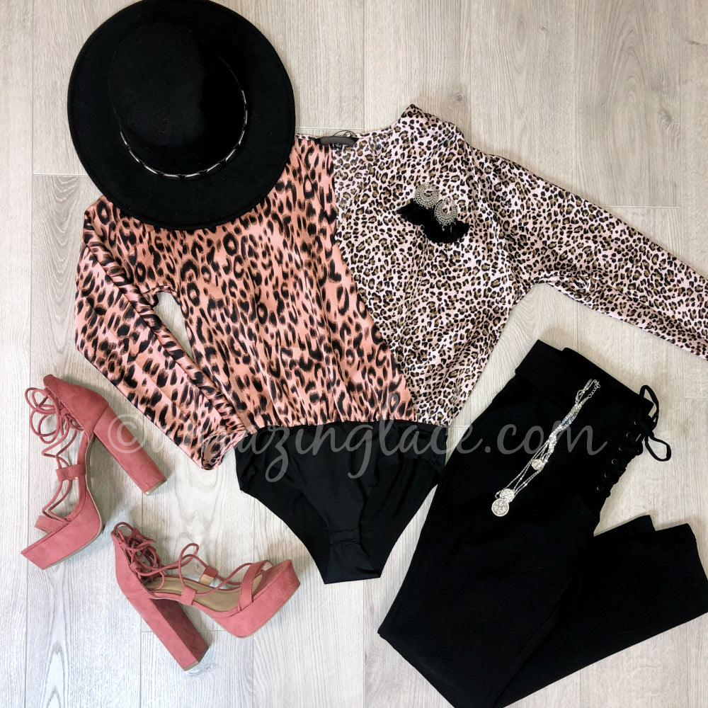 PINK LEOPARD BODYSUIT AND CINNAMON HEELS OUTFIT