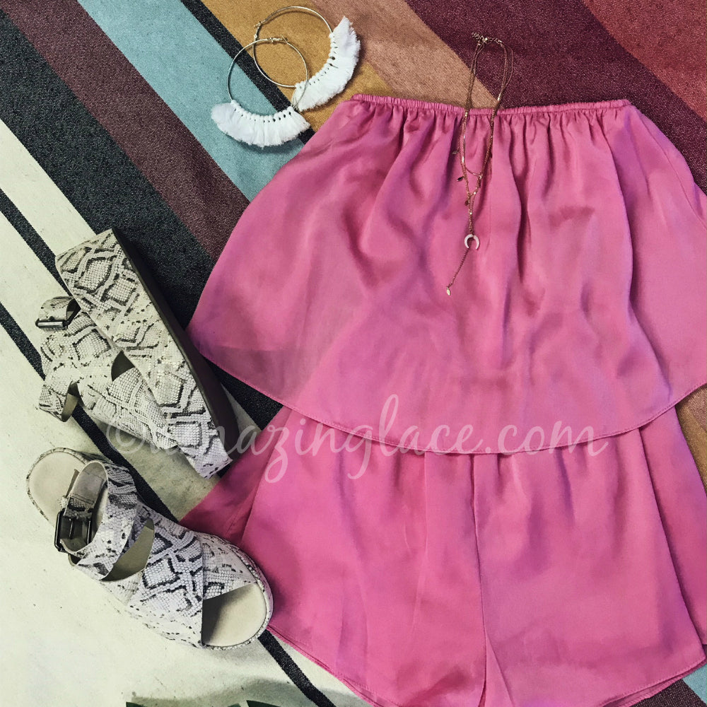 PINK ROMPER AND SNAKE PLATFORMS OUTFIT