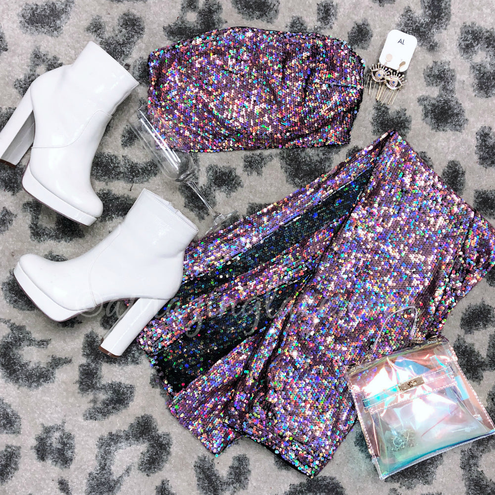 PINK SEQUIN SET AND WHITE BOOTIES OUTFIT