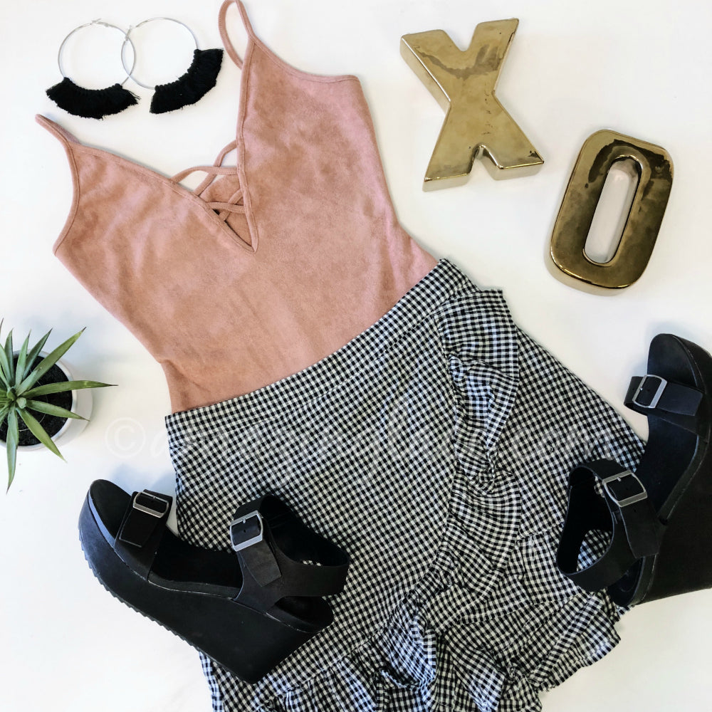 PINK SUEDE BODYSUIT AND GINGHAM SKORT OUTFIT