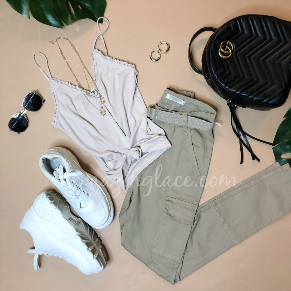 NUDE TANK AND CARGO PANTS OUTFIT