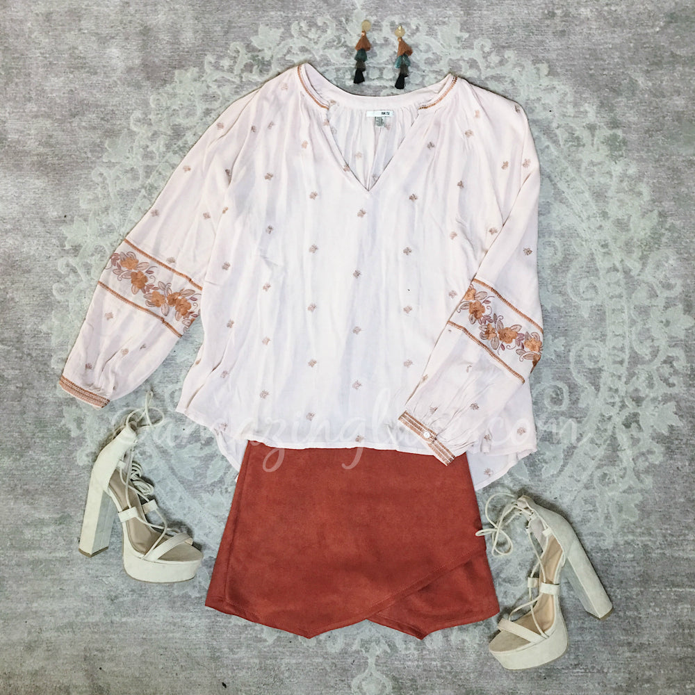 PINK BOHO TOP AND RUST CORDUROY SKIRT OUTFIT