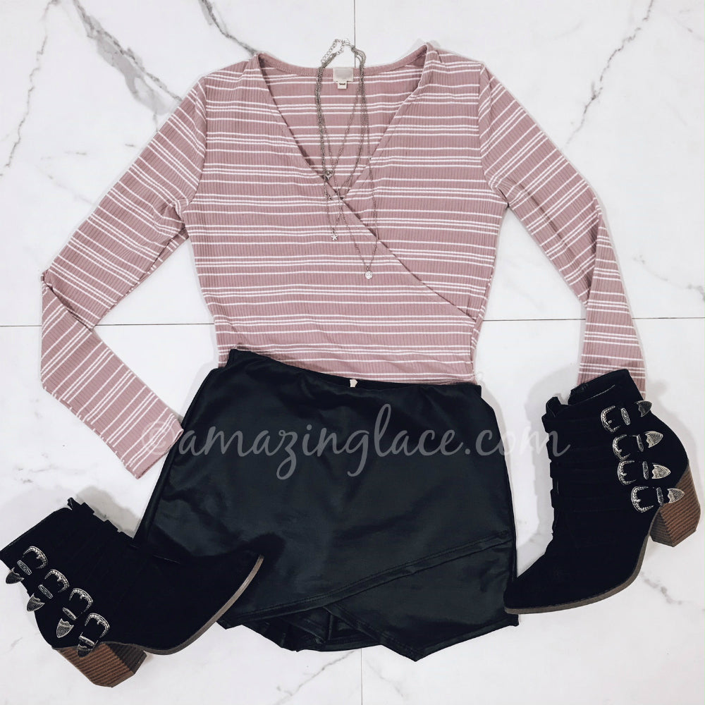 PINK STRIPED BODYSUIT AND BLACK SKORT OUTFIT