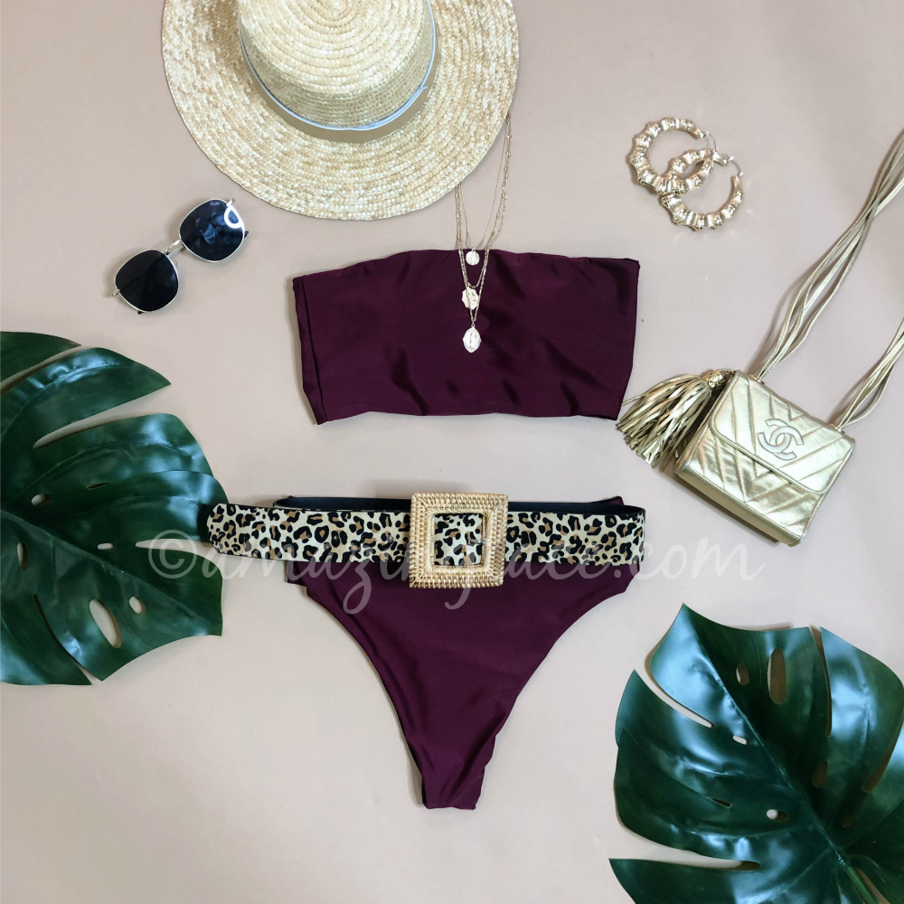 PLUM BANDEAU BIKINI AND BELT OUTFIT