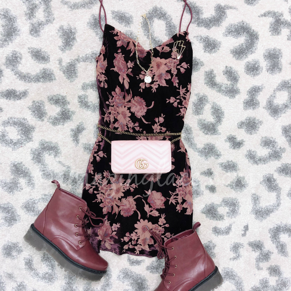 PLUM VELVET DRESS AND BURGUNDY BOOTS OUTFIT