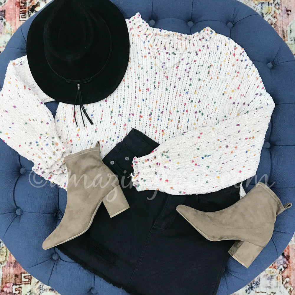 CHENILLE POM POM SWEATER AND BLACK AMUSE SKIRT OUTFIT