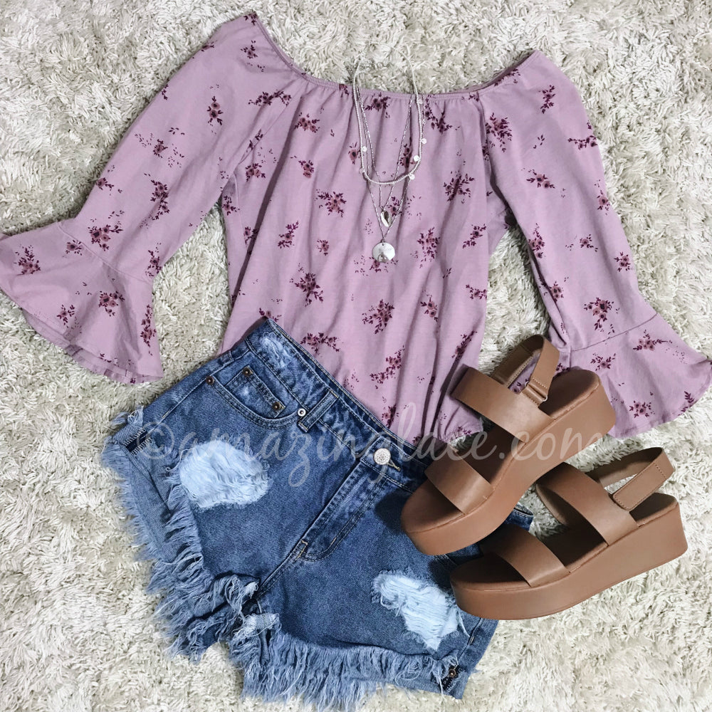 PURPLE FLORAL BODYSUIT AND SHORTS OUTFIT
