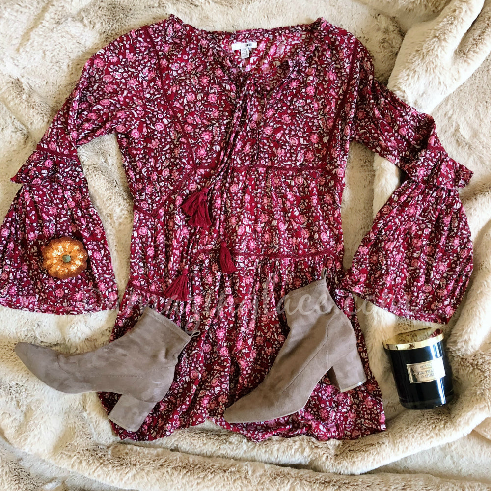 AMUSE SOCIETY CRIMSON DRESS AND BROWN BOOTIES