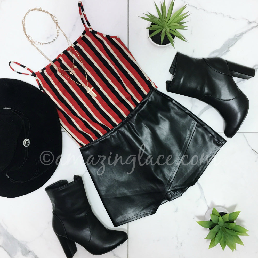 STRIPED BODYSUIT AND BLACK SKORT OUTFIT