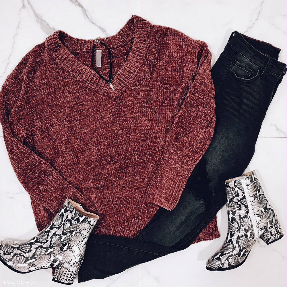 RED CHENILLE SWEATER AND SNAKE BOOTIES OUTFIT
