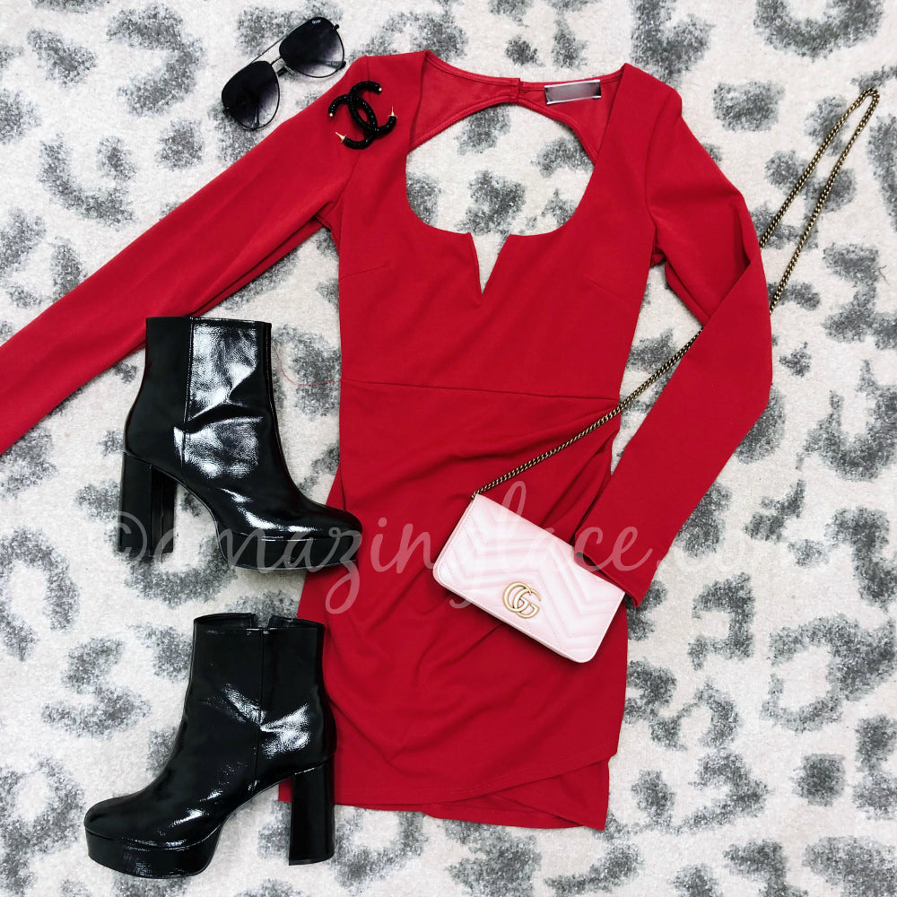 RED OPEN BACK DRESS AND CHINESE LAUNDRY PATENT BOOTIES