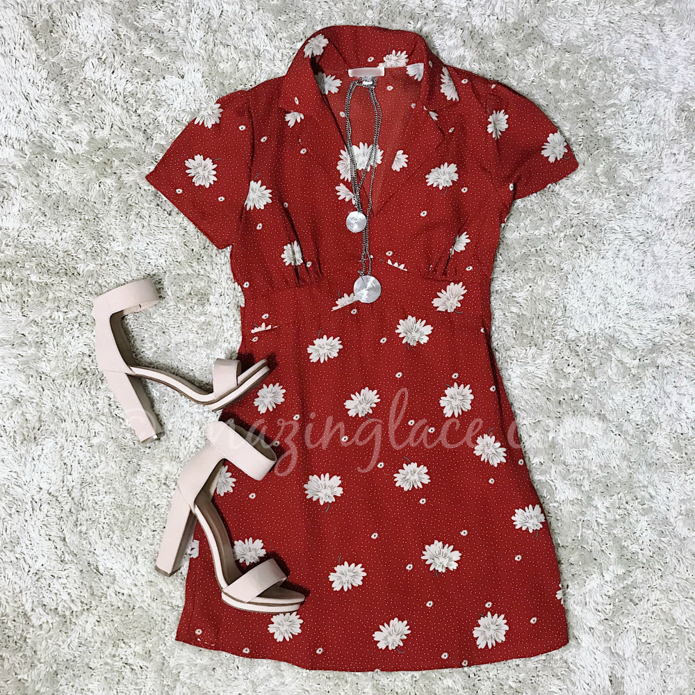 RED FLORAL DRESS AND NUDE HEELS OUTFIT
