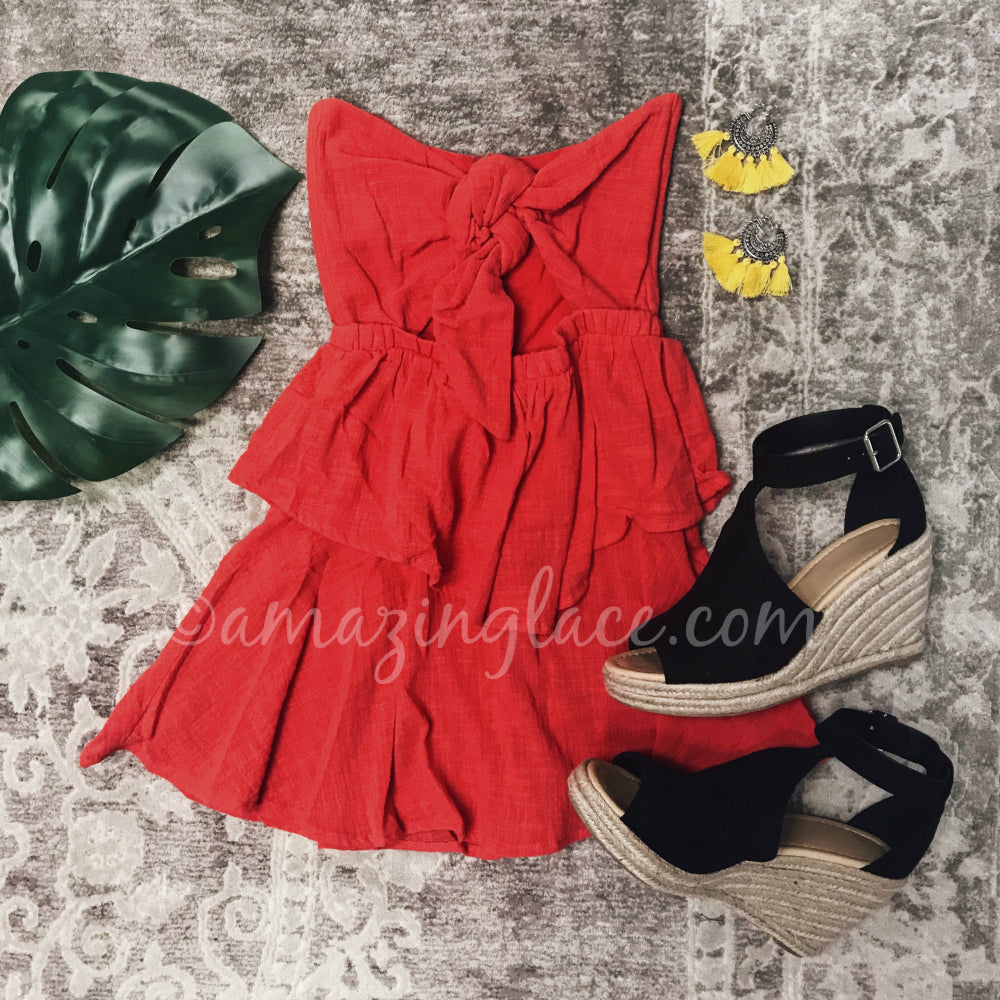 RED DRESS AND BLACK WEDGES OUTFIT
