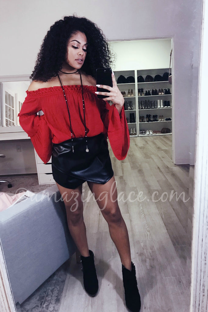 RED OFF THE SHOULDER TOP AND BLACK SKORT OUTFIT