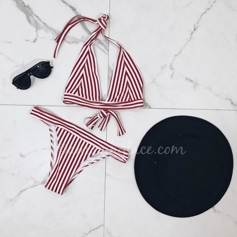 RED & WHITE STRIPED BIKINI OUTFIT