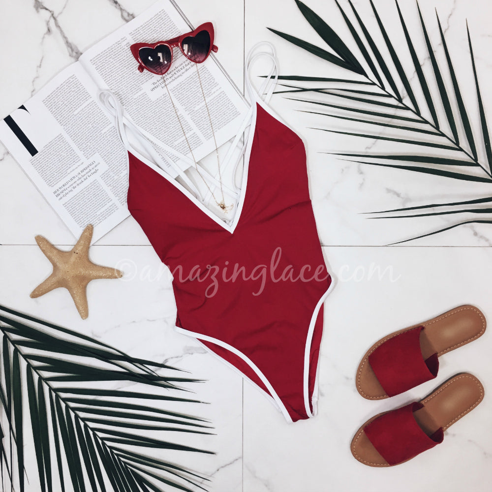 RED ONE PIECE AND RED SLIDES OUTFIT