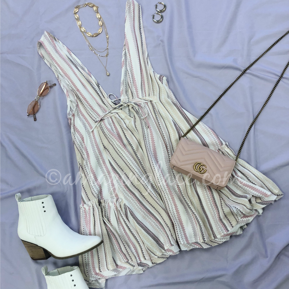 ROSE STRIPE BOHO DRESS AND WHITE BOOTIES OUTFIT