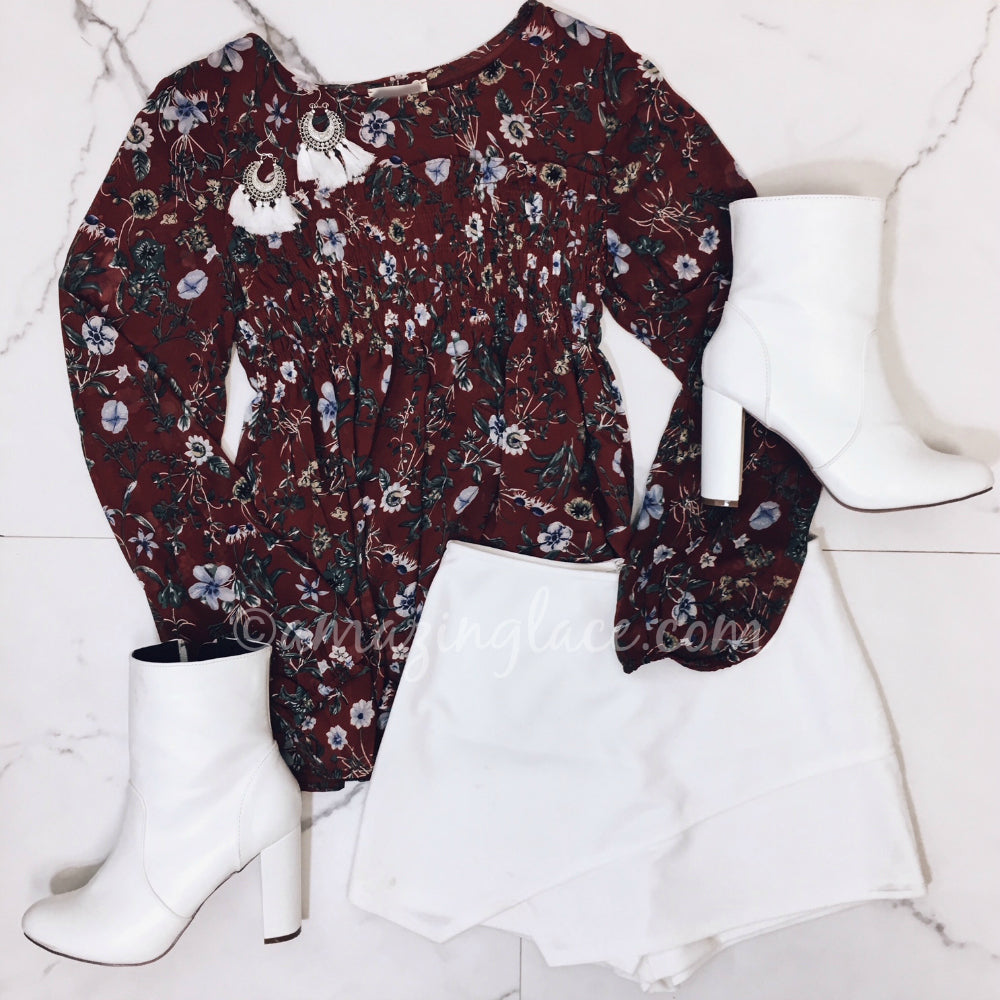 FLORAL RUST TOP AND WHITE SKORT OUTFIT