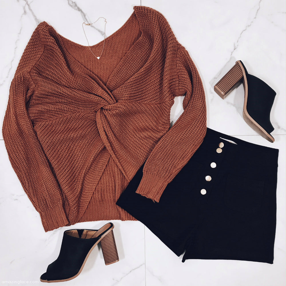 TAUPE TWIST BACK SWEATER AND SHORTS OUTFIT
