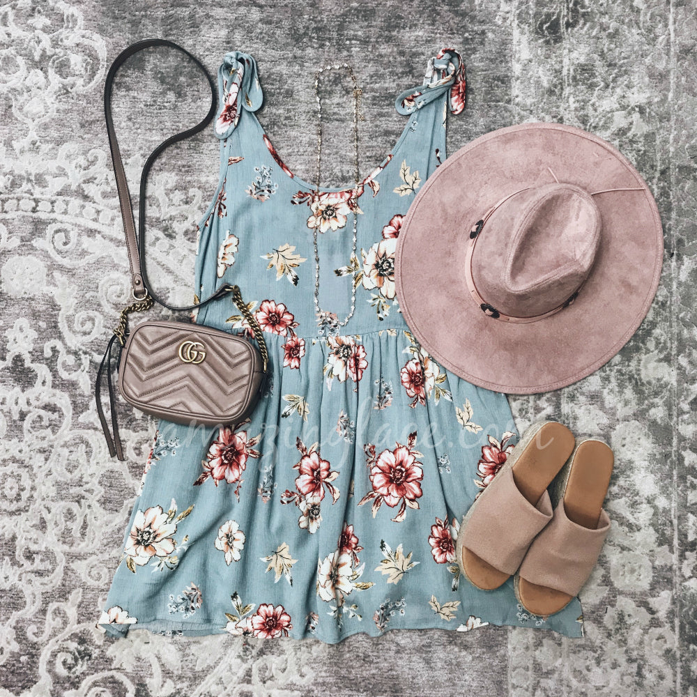 TIE SHOULDER FLORAL DRESS AND PINK HAT OUTFIT