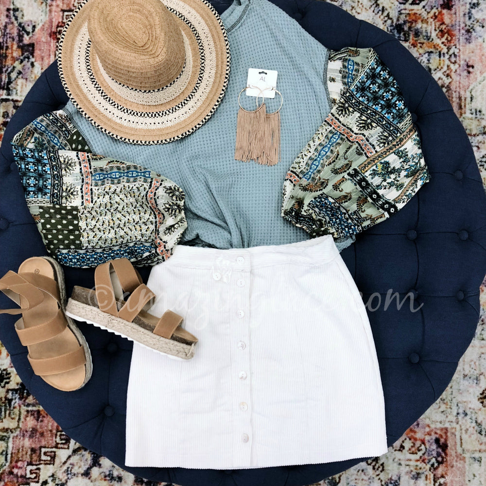 SAGE GYPSY SLEEVE TOP AND IVORY CORDUROY SKIRT OUTFIT
