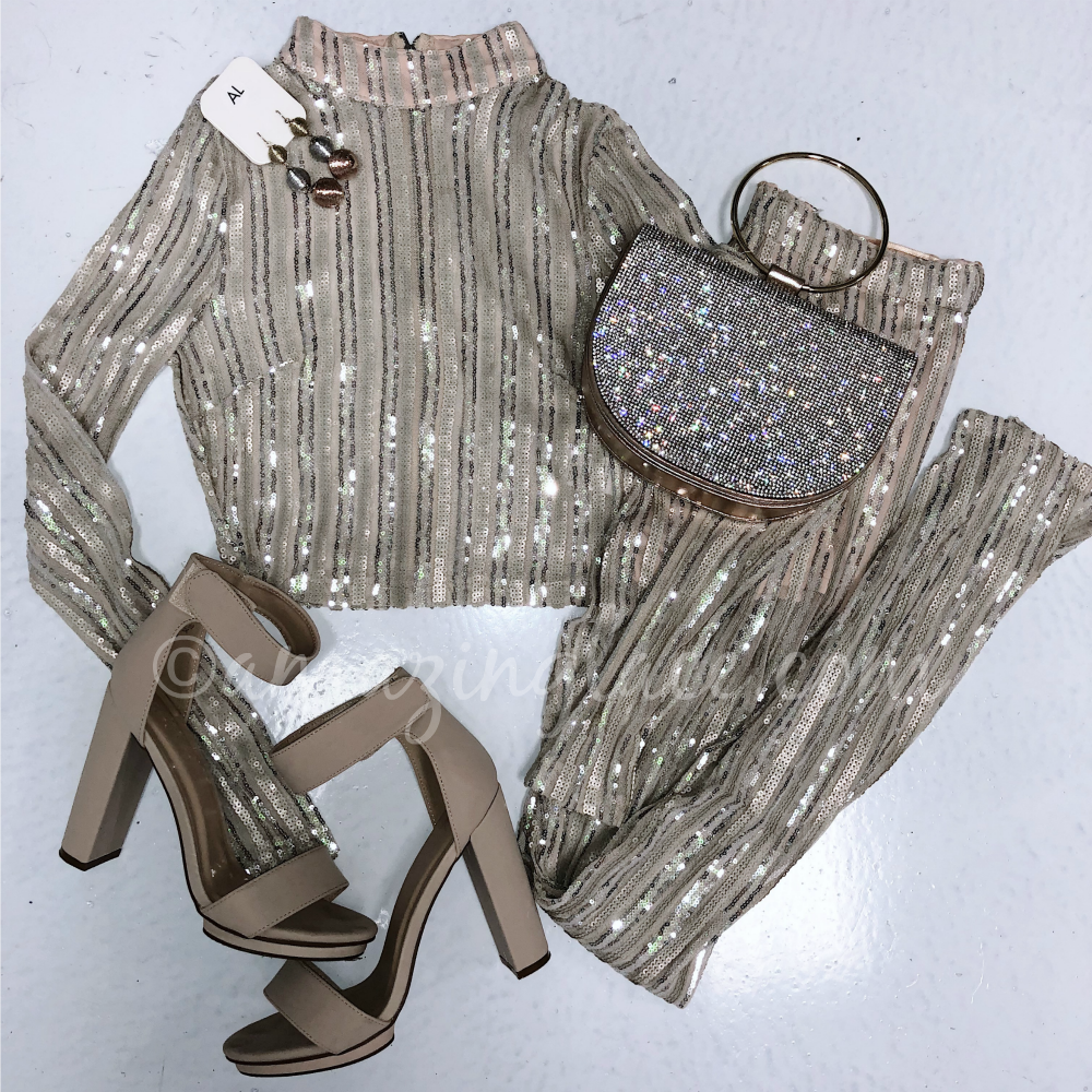 TWO PIECE SEQUIN SET AND NUDE HEELS OUTFIT