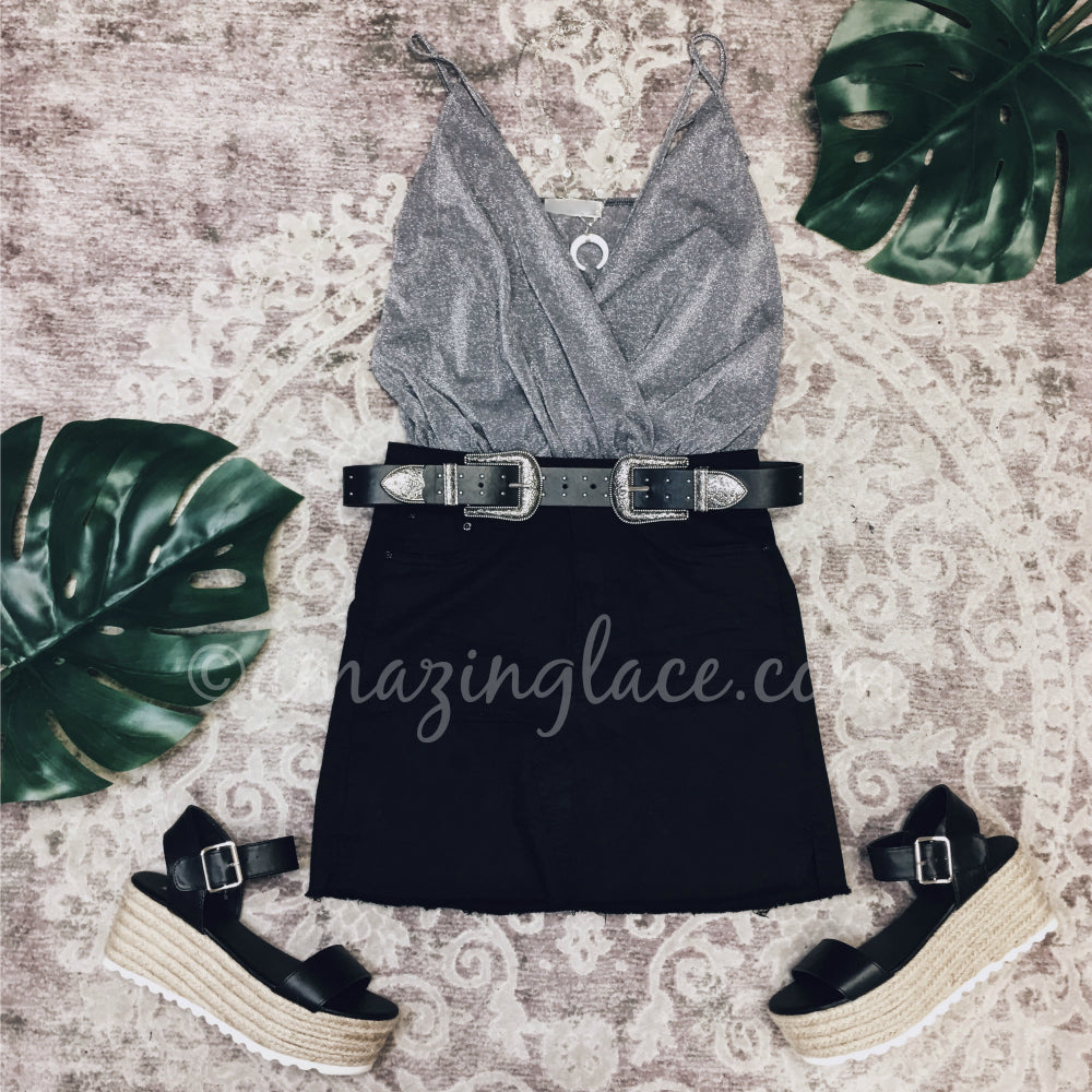 SILVER SPARKLE BODYSUIT AND BLACK SKIRT OUTFIT