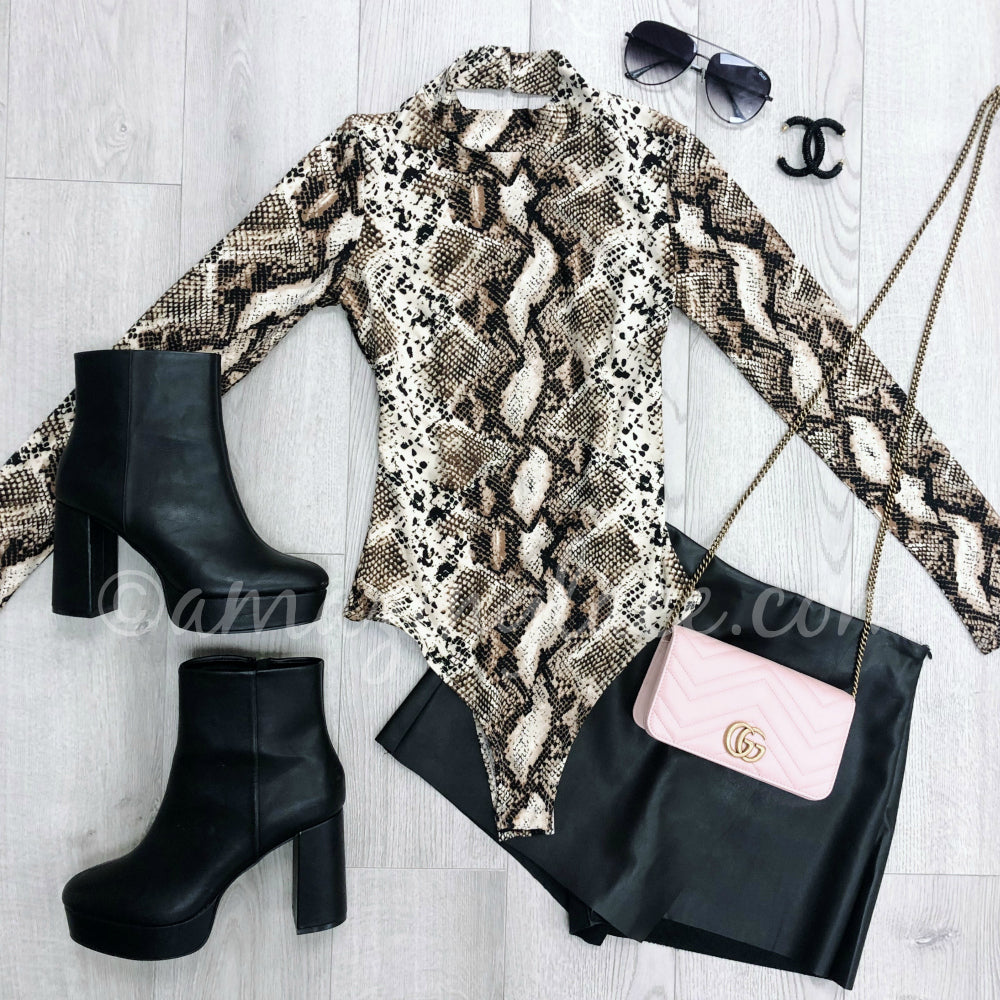 SNAKE BODYSUIT AND CHINESE LAUNDRY BOOTIES OUTFIT