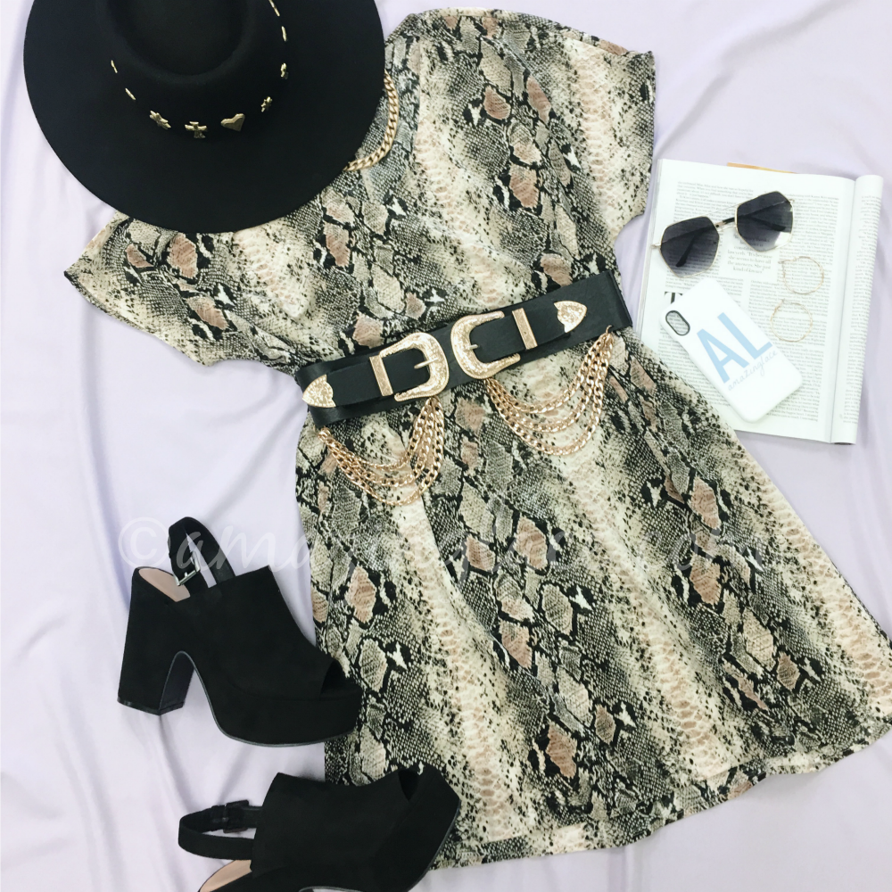 PYTHON VNECK DRESS AND BLACK HEELS OUTFIT