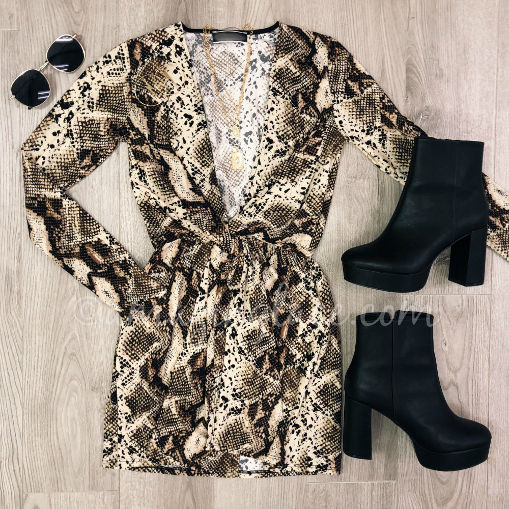 SNAKE PATTERN DRESS AND CHINESE LAUNDRY BOOTS OUTFIT