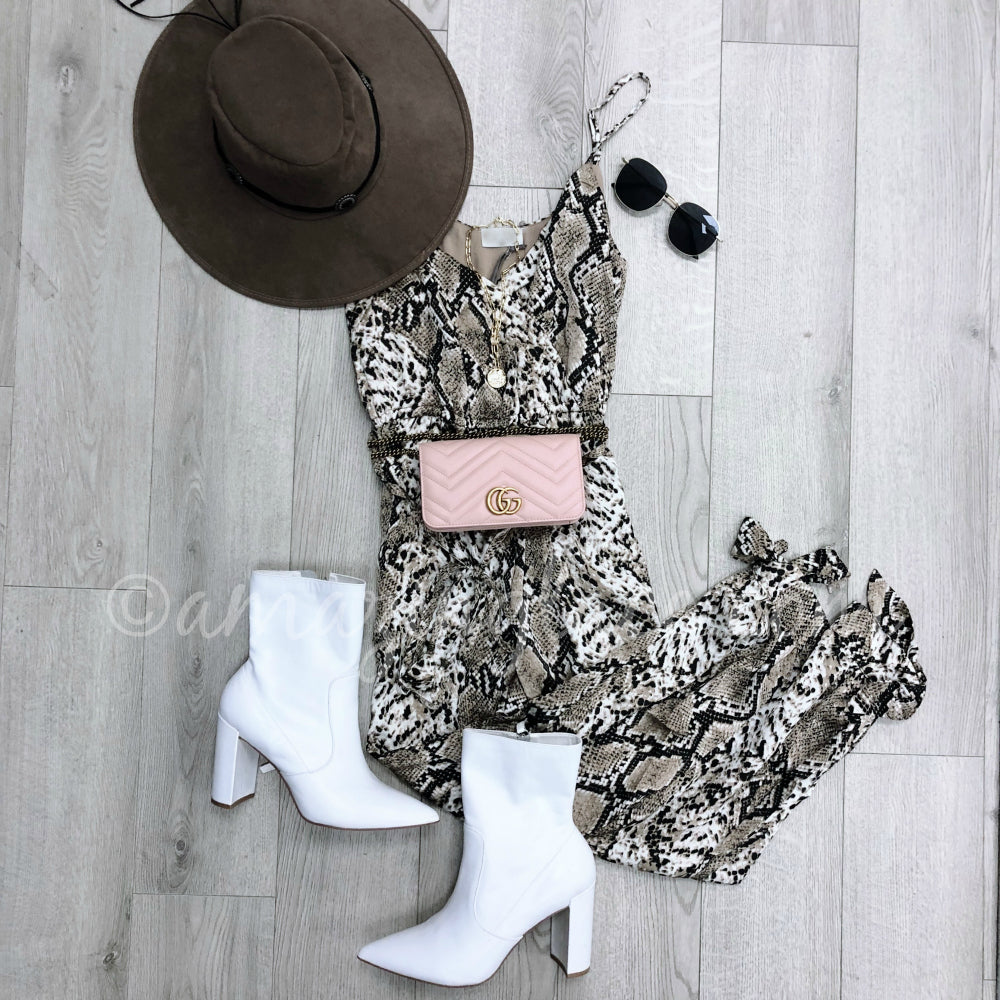 SNAKE JUMPSUIT CHINESE LAUNDRY WHITE POINTED BOOTIES