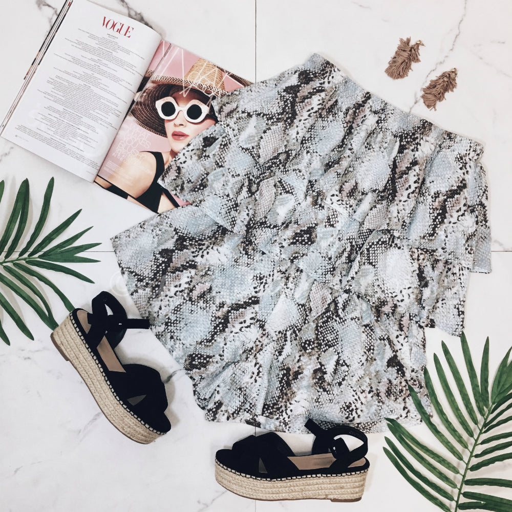 SNAKE ROMPER AND ESPADRILLES OUTFIT