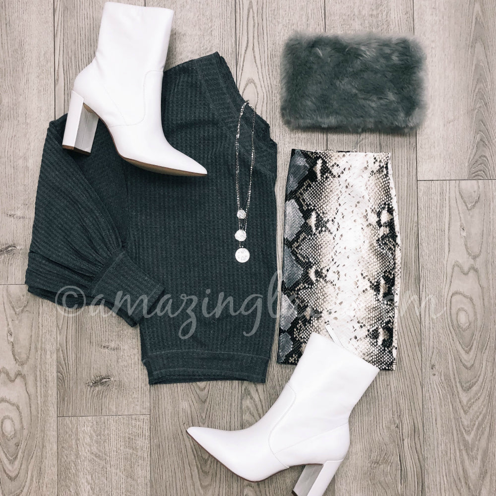 GRAY TOP AND SNAKESKIN SKIRT WITH CHINESE LAUNDRY BOOTIES OUTFIT