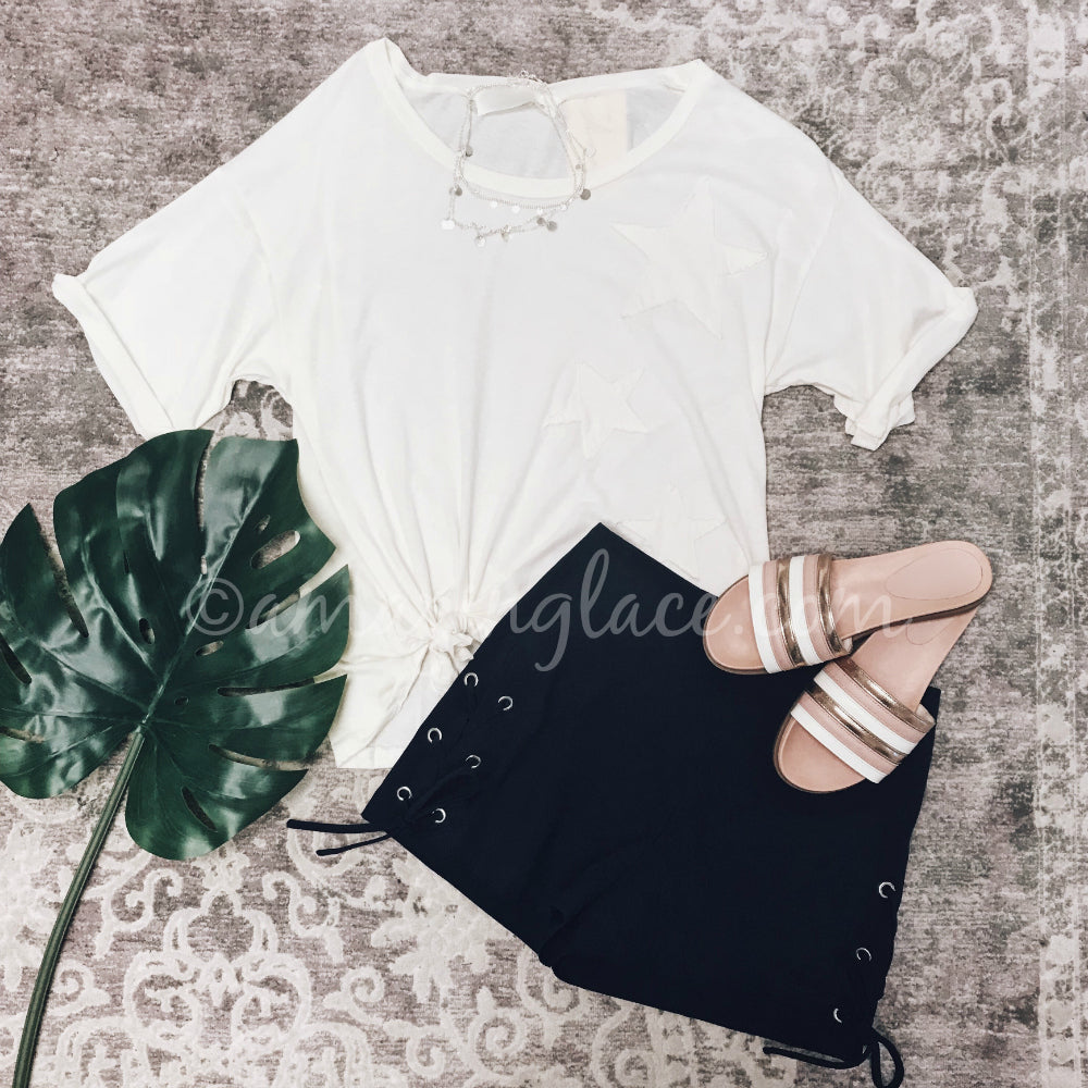 STAR TOP AND NAVY LACE UP SHORTS OUTFIT