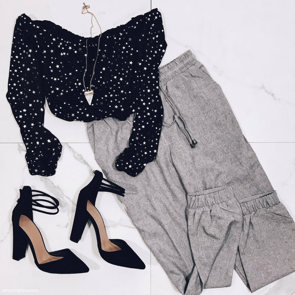 STAR CROP TOP AND GRAY DRAWSTRING PANTS OUTFIT