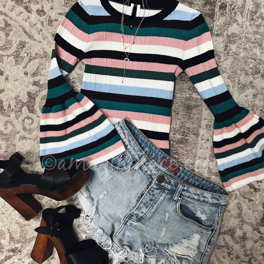 STRIPED BELL SLEEVE TOP AND DENIM SHORTS OUTFIT