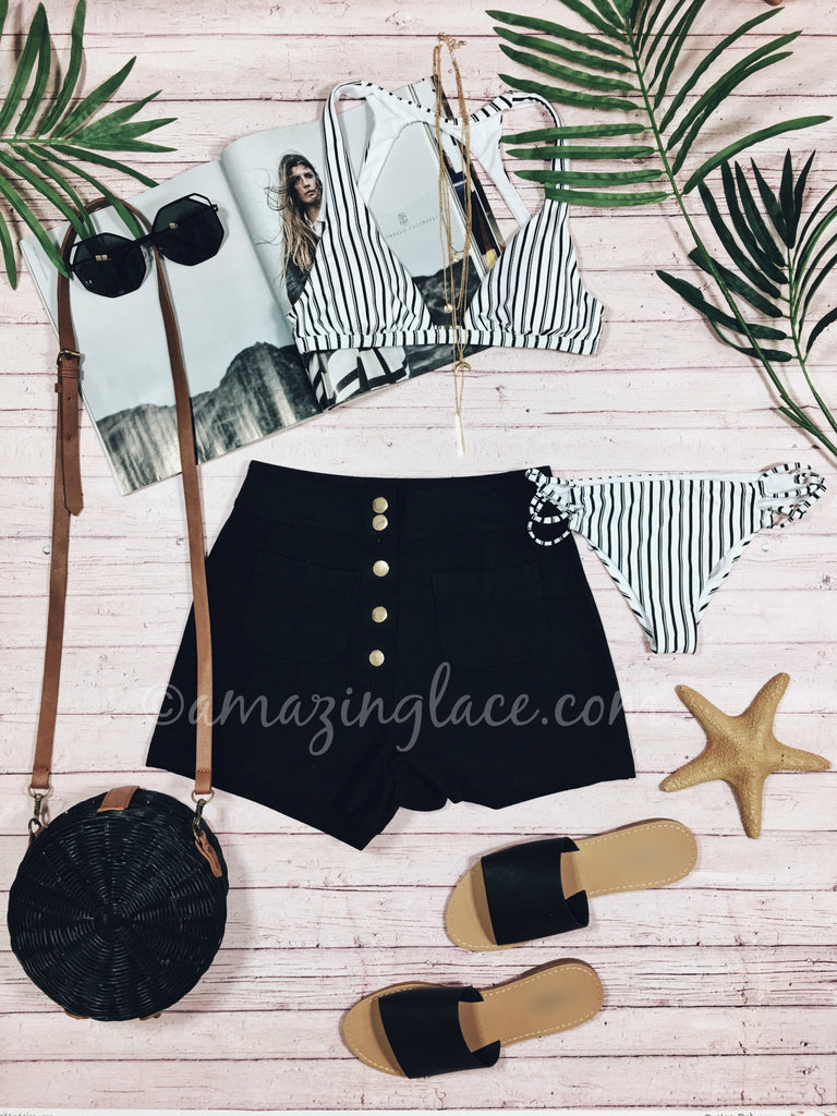 STRIPED BIKINI AND SHORTS OUTFIT