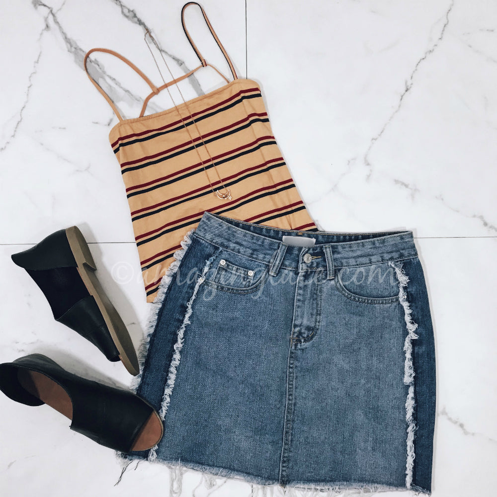 STRIPED BODYSUIT AND JEAN SKIRT OUTFIT