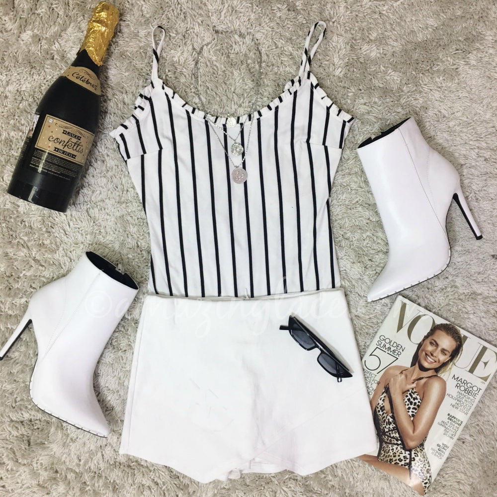 STRIPED BODYSUIT AND WHITE SKORT OUTFIT