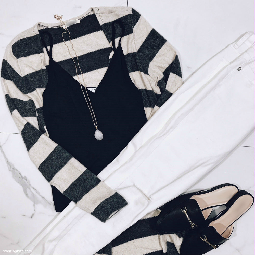 STRIPED CARDIGAN WITH WHITE DENIM OUTFIT