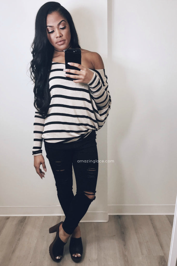 STRIPED OFF SHOULDER TOP AND BLACK PANTS OUTFIT