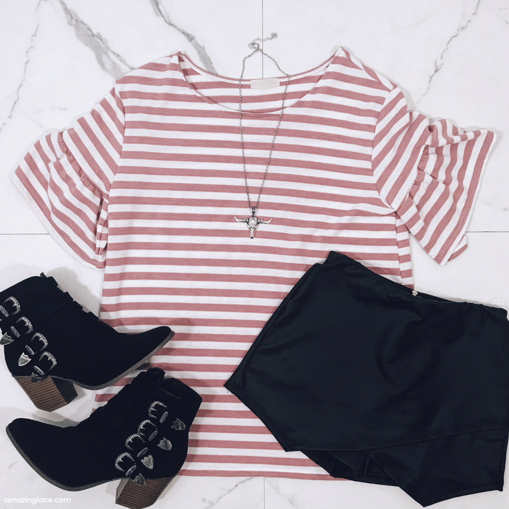 STRIPED BELL SLEEVE TOP AND BLACK SKORT OUTFIT